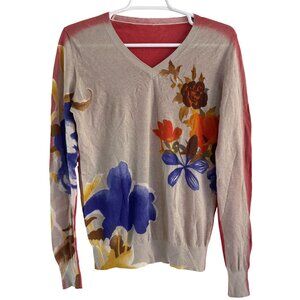 Etro Milano Women's Red/Tan Floral Rib Hem Cotton Cashmere Long Sleeve Size S